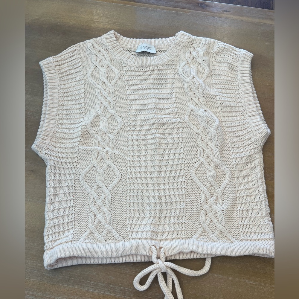 Cable Knit Sleeveless Drawstring Sweater Vest in Cream